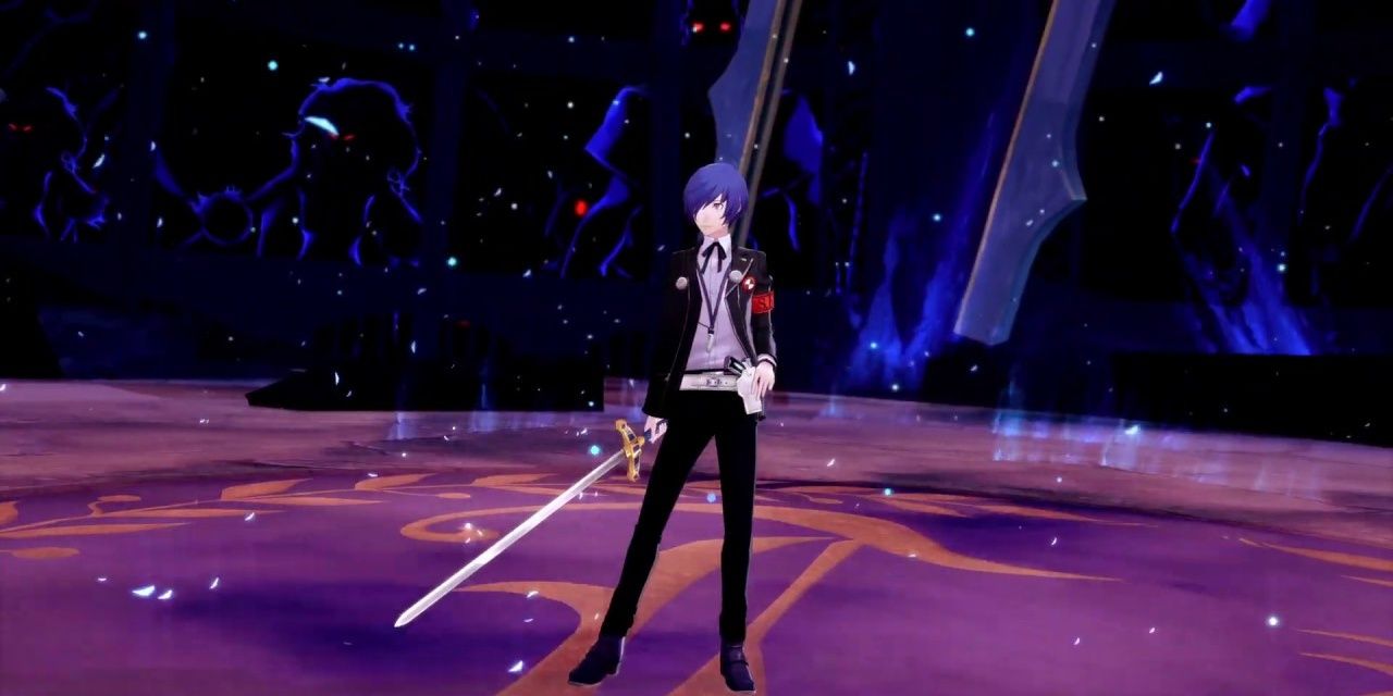 Persona 3 screenshot of the protagonist holding a sword.