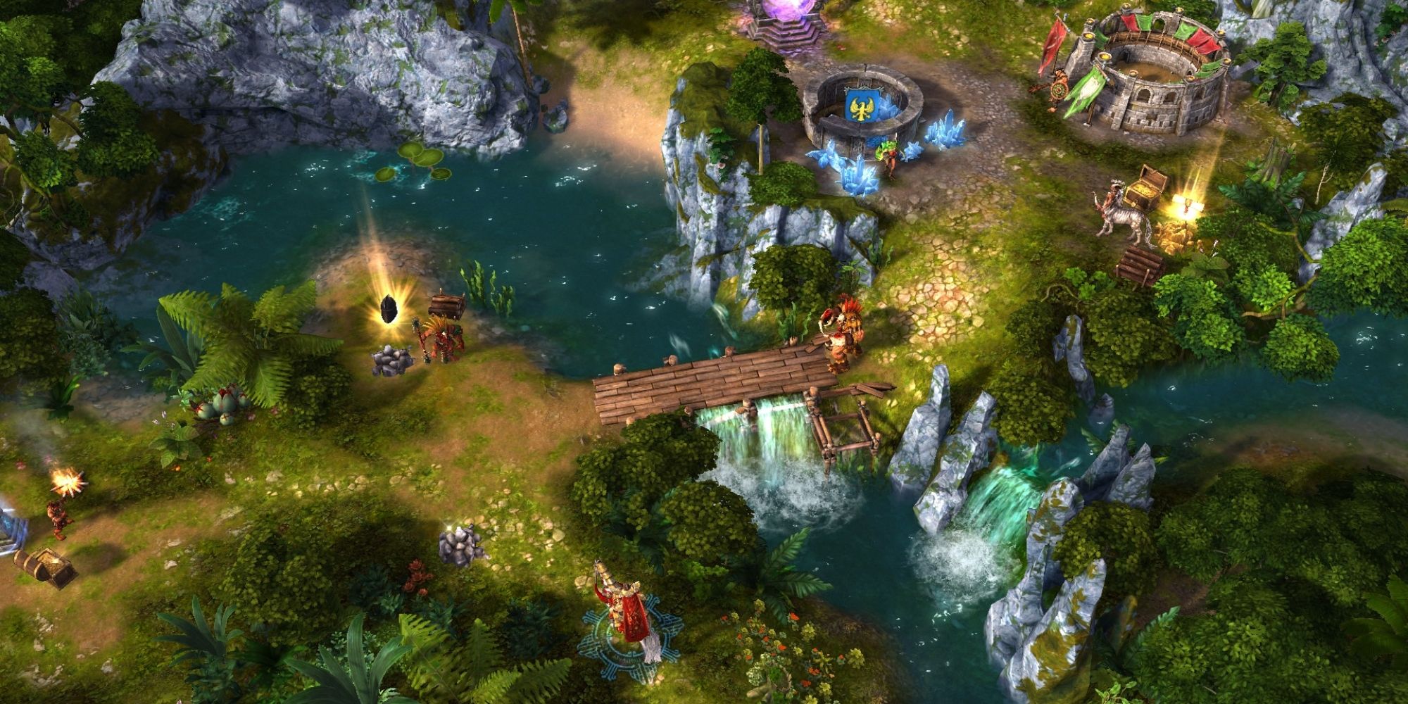 Might & Magic Heroes 6 screenshot of a character crossing a bridge in a grassy area.