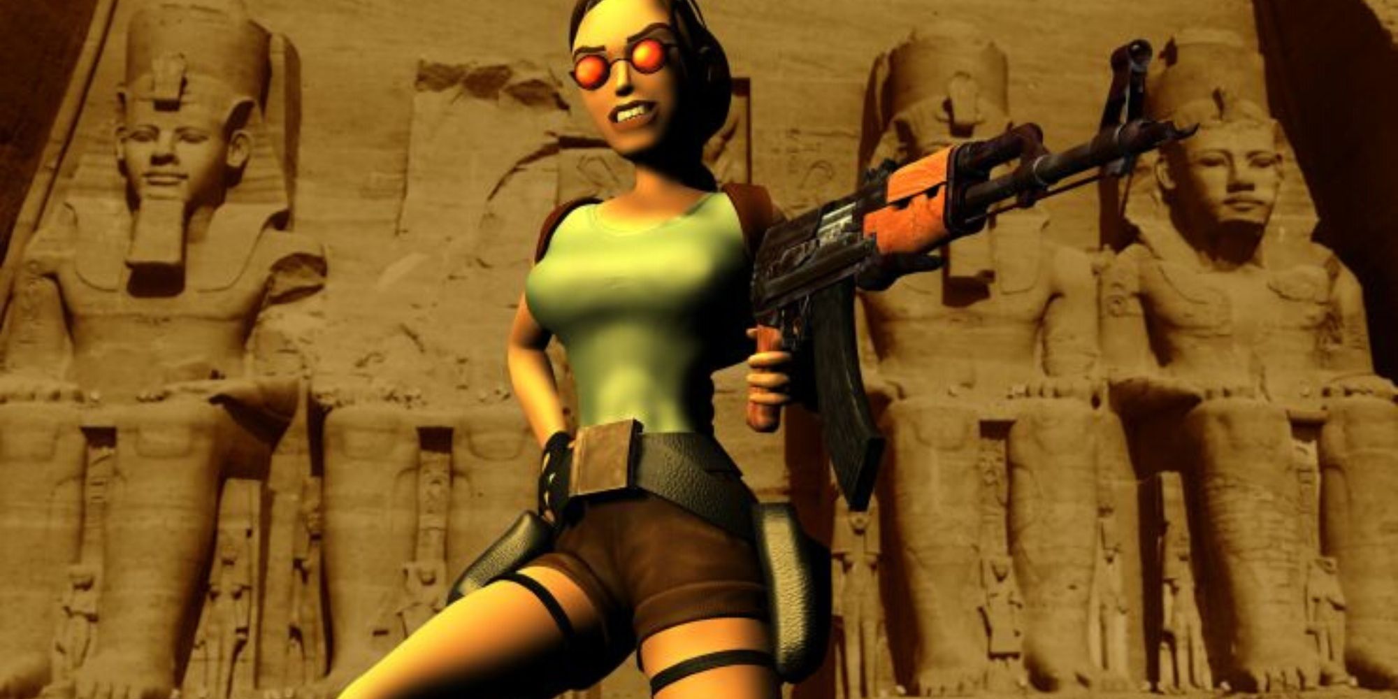 Lara Croft posing with a gun from Tomb Raider: The Last Revelation.