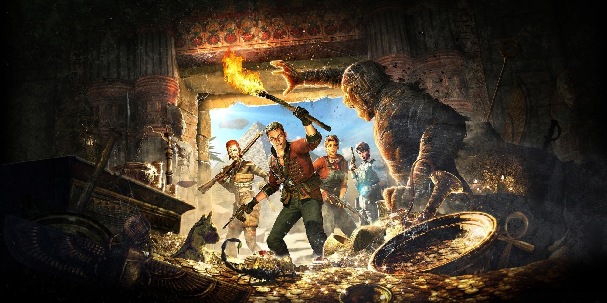 Winston, Patrick, and Tessie fighting a mummy in Strange Brigade