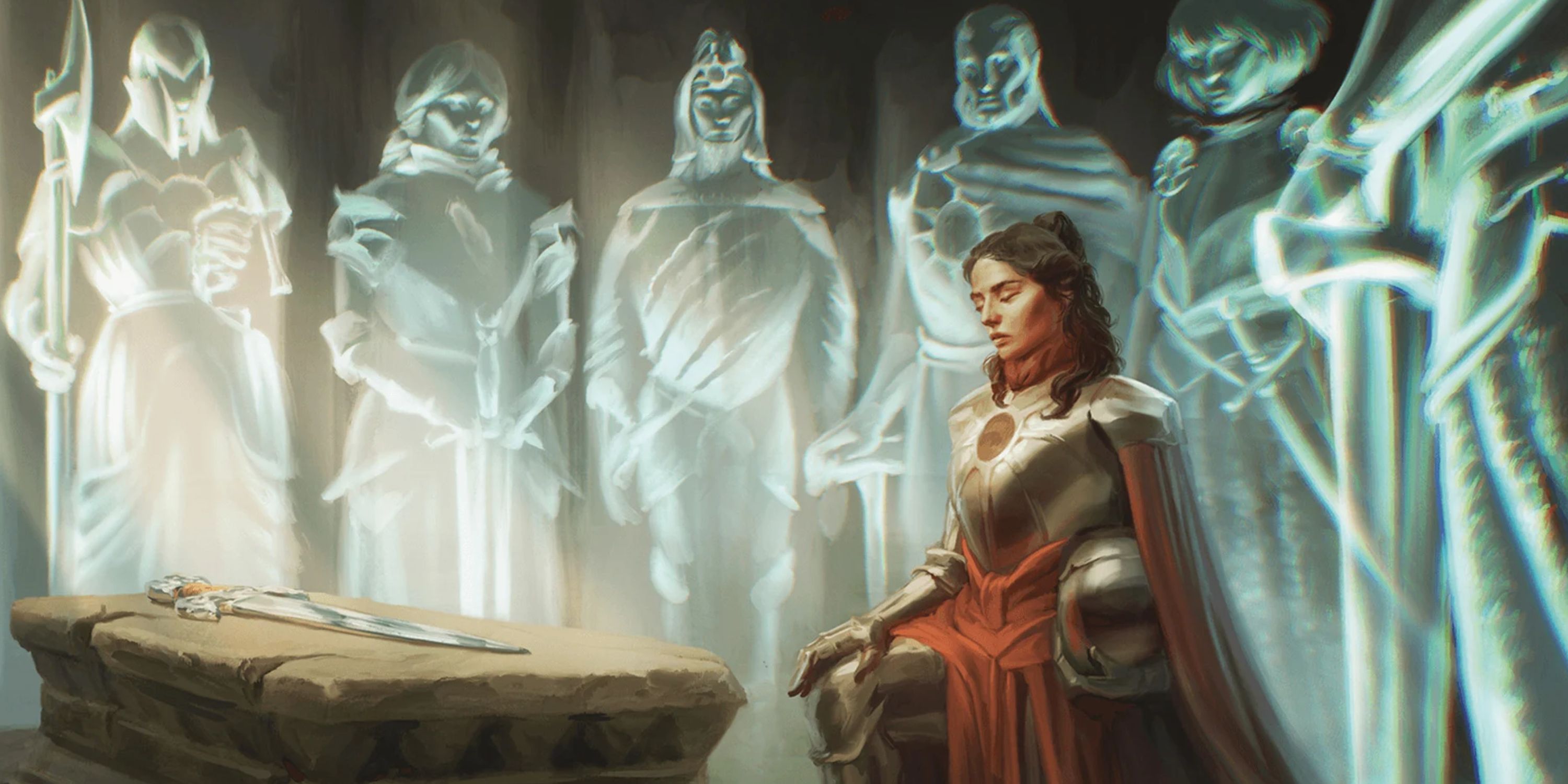 Dungeons & Dragons art of a knight bending down in front of an ancestral sword, with ghosts standing around her.