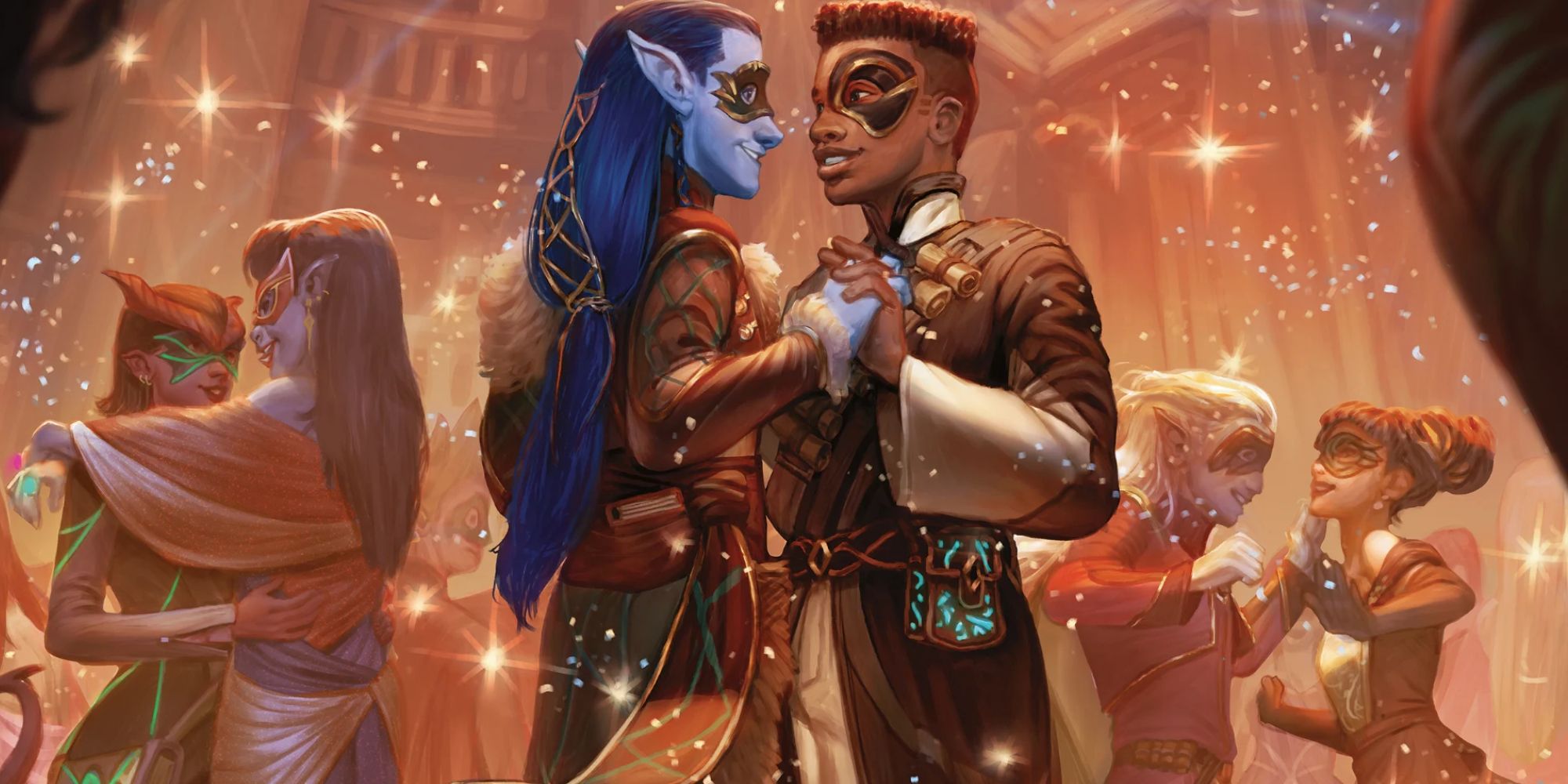 Dungeons & Dragons art of numerous couples are dancing in a glittery ball with a focus on a blue skinned elf and dark skinned man.