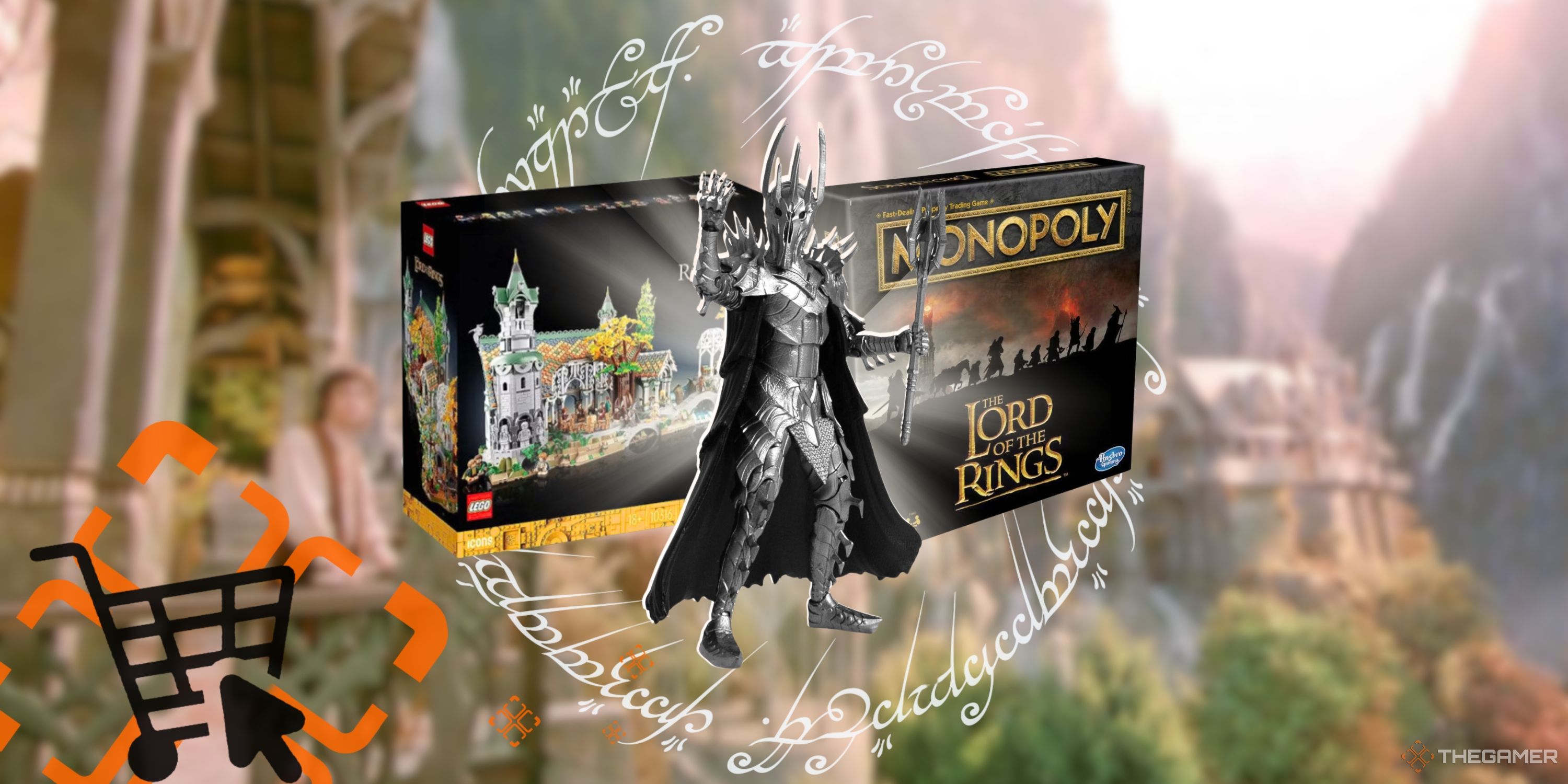 Collage image of the Lord of the Rings Sauron toy, rivendale lego set, and lord of the rings monopoly board game floating over a screenshot of rivendale from Lord of the Rings movie