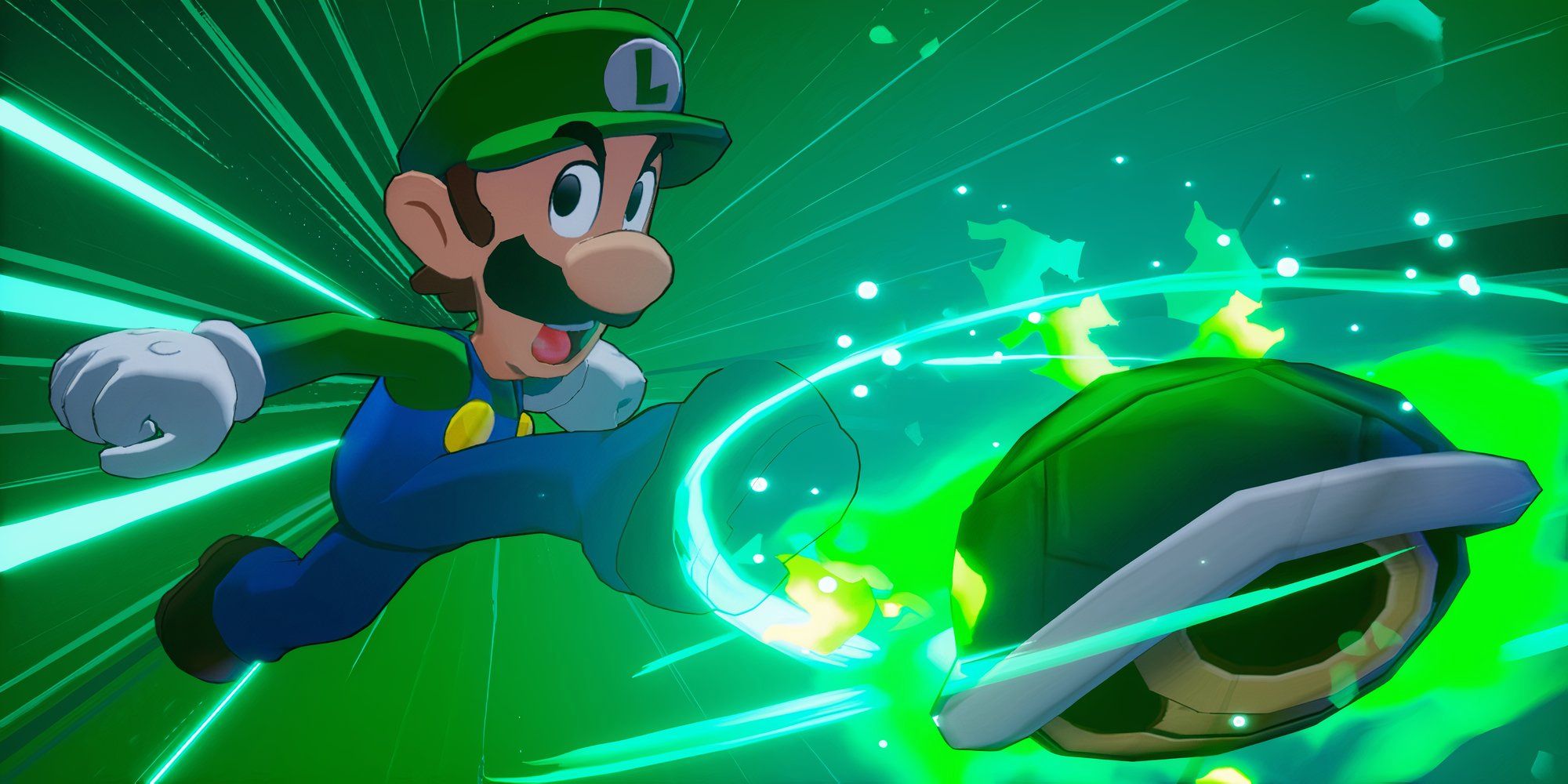 Luigi kicking a green shell in Mario & Luigi Brothership