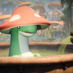 Palworld screenshot showing a green dinosaur-like creature with a red mushroom cap atop its head sitting in a wooden hot tub