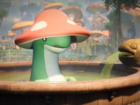 Palworld screenshot showing a green dinosaur-like creature with a red mushroom cap atop its head sitting in a wooden hot tub