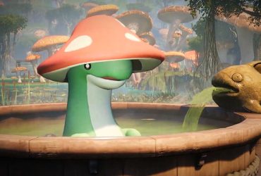 Palworld screenshot showing a green dinosaur-like creature with a red mushroom cap atop its head sitting in a wooden hot tub