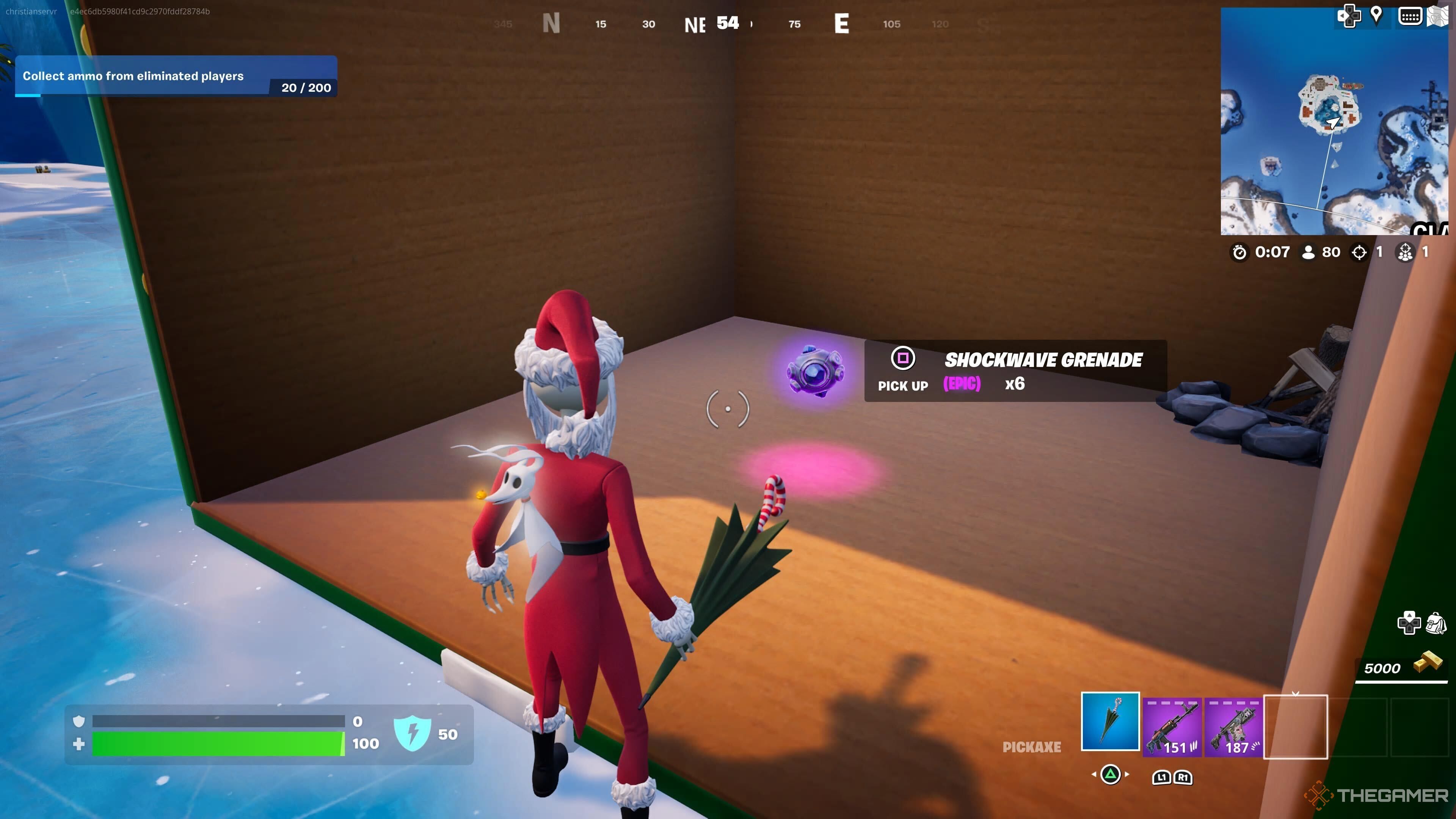 A screenshot from Fortnite's Winterfest event showing Jack Skellington as Santa Clause breaking into a present to find Shockwave Grenades.