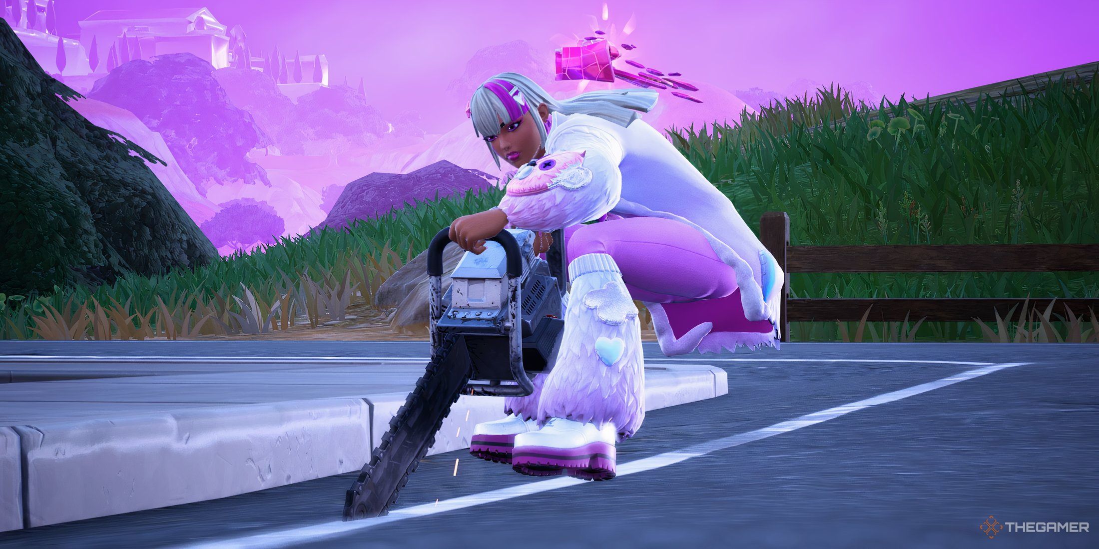 A player in Fortnite holding a Chainsaw.