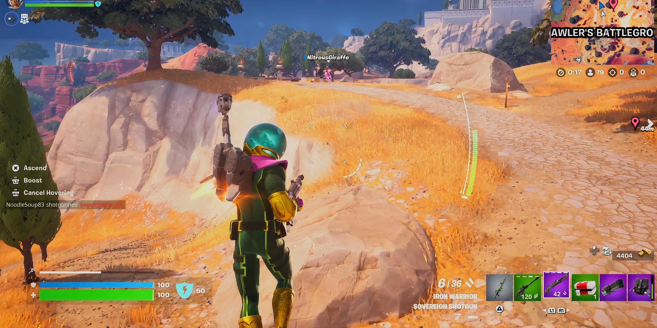 Mysterio using War Machine's Hover Jets to fly in Fortnite.