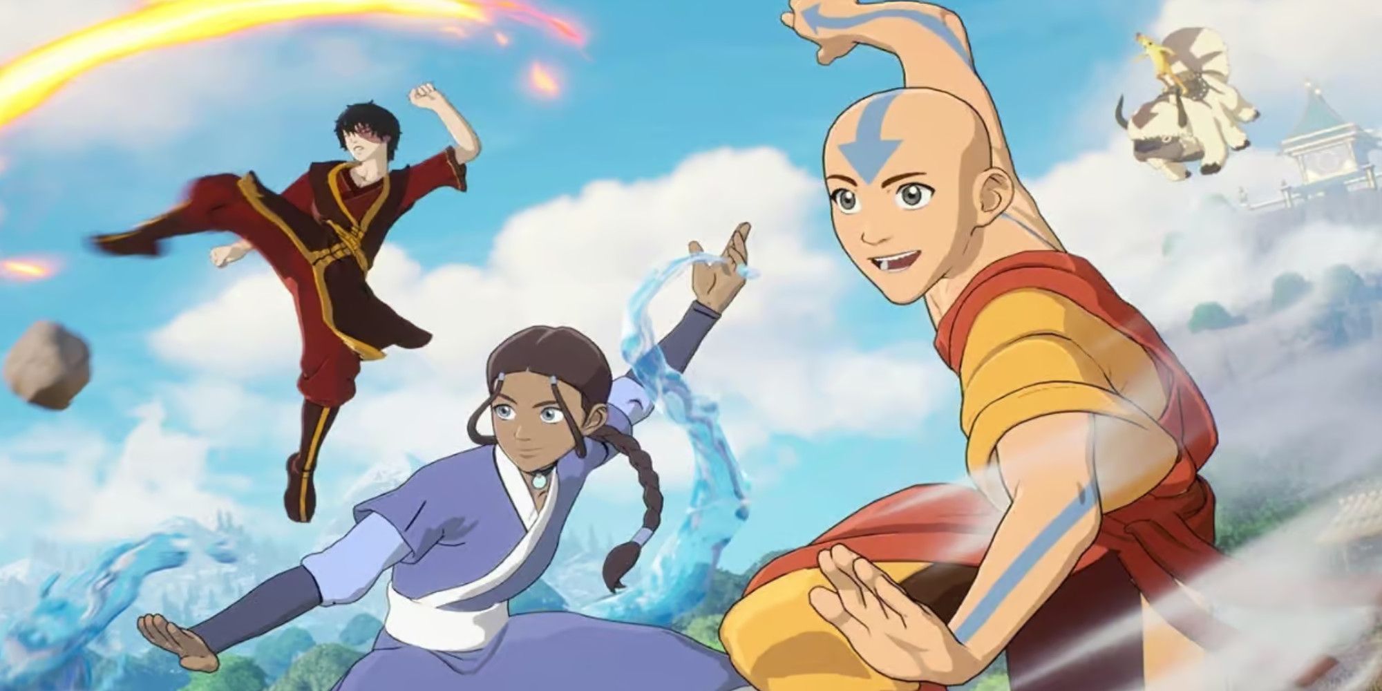 Aang, Zuko, and Katara from Avatar all bending with Peely flying Appa in the background.