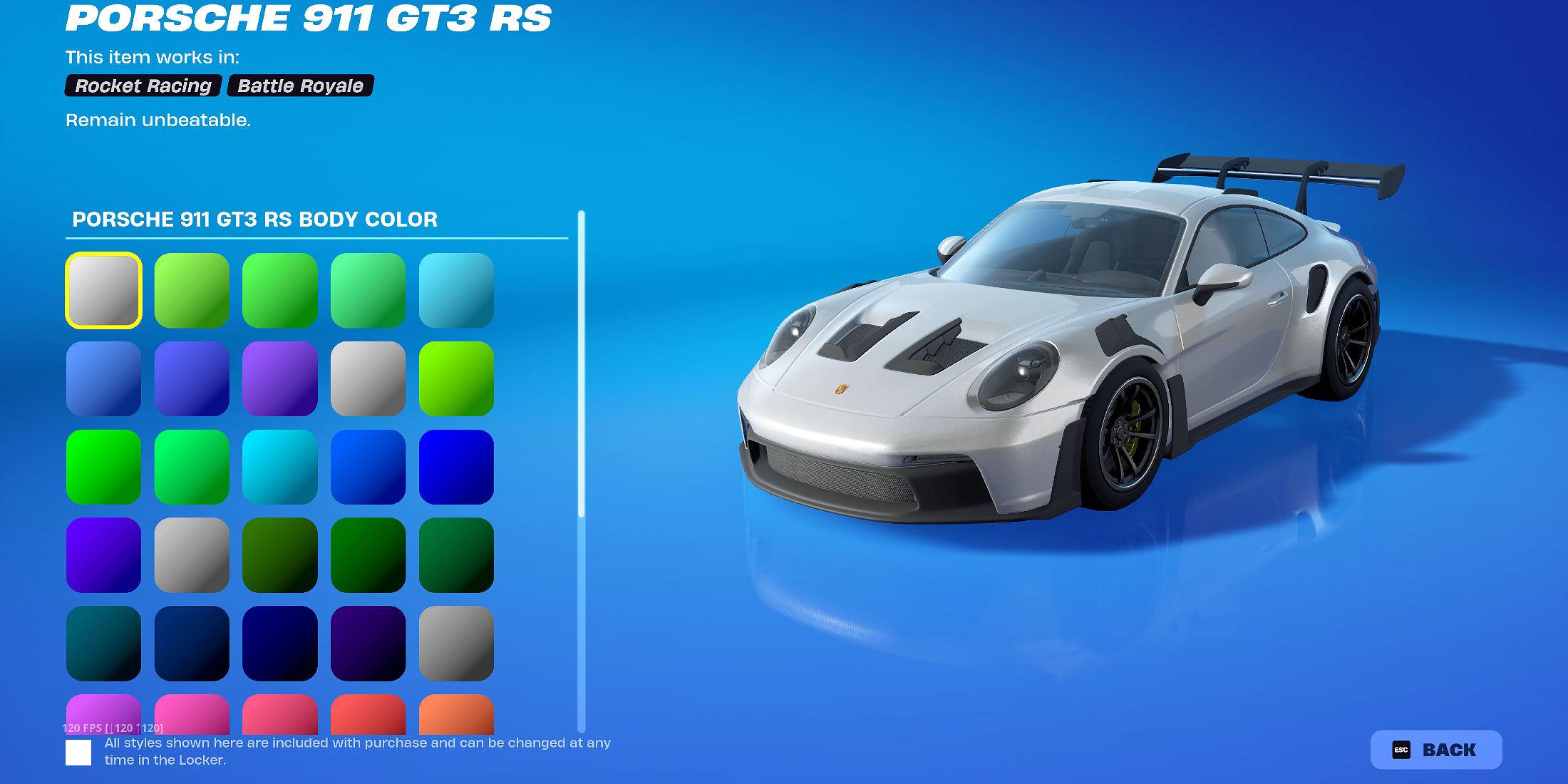 Screenshot showcasing how to customise the Porsche 911 GT3 RS in Fortnite 