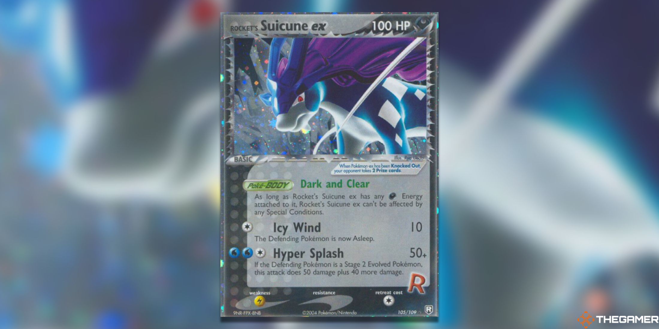 The Team Rocket Returns Suicune UR from the Pokemon TCG.