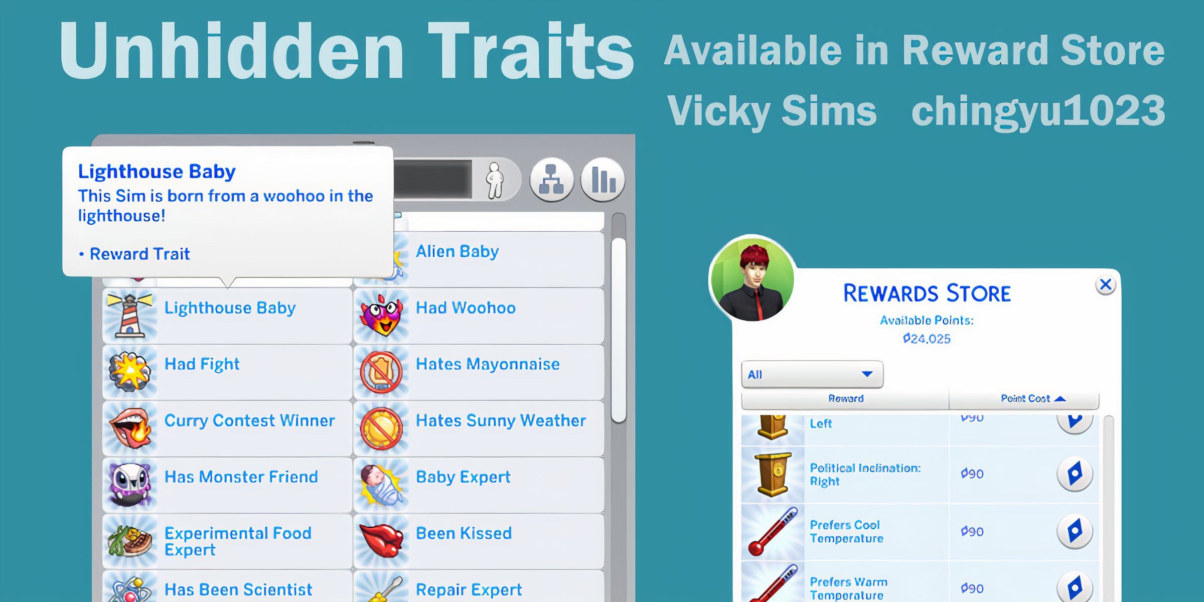 Unhidden Traits that can be added to the reward store with the Unhidden Traits mod