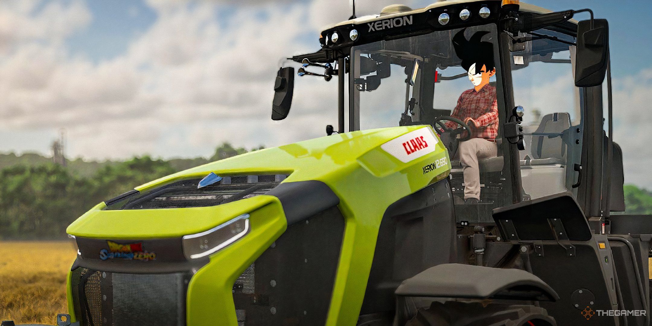 Goku driving a tractor from Farming Simulator 