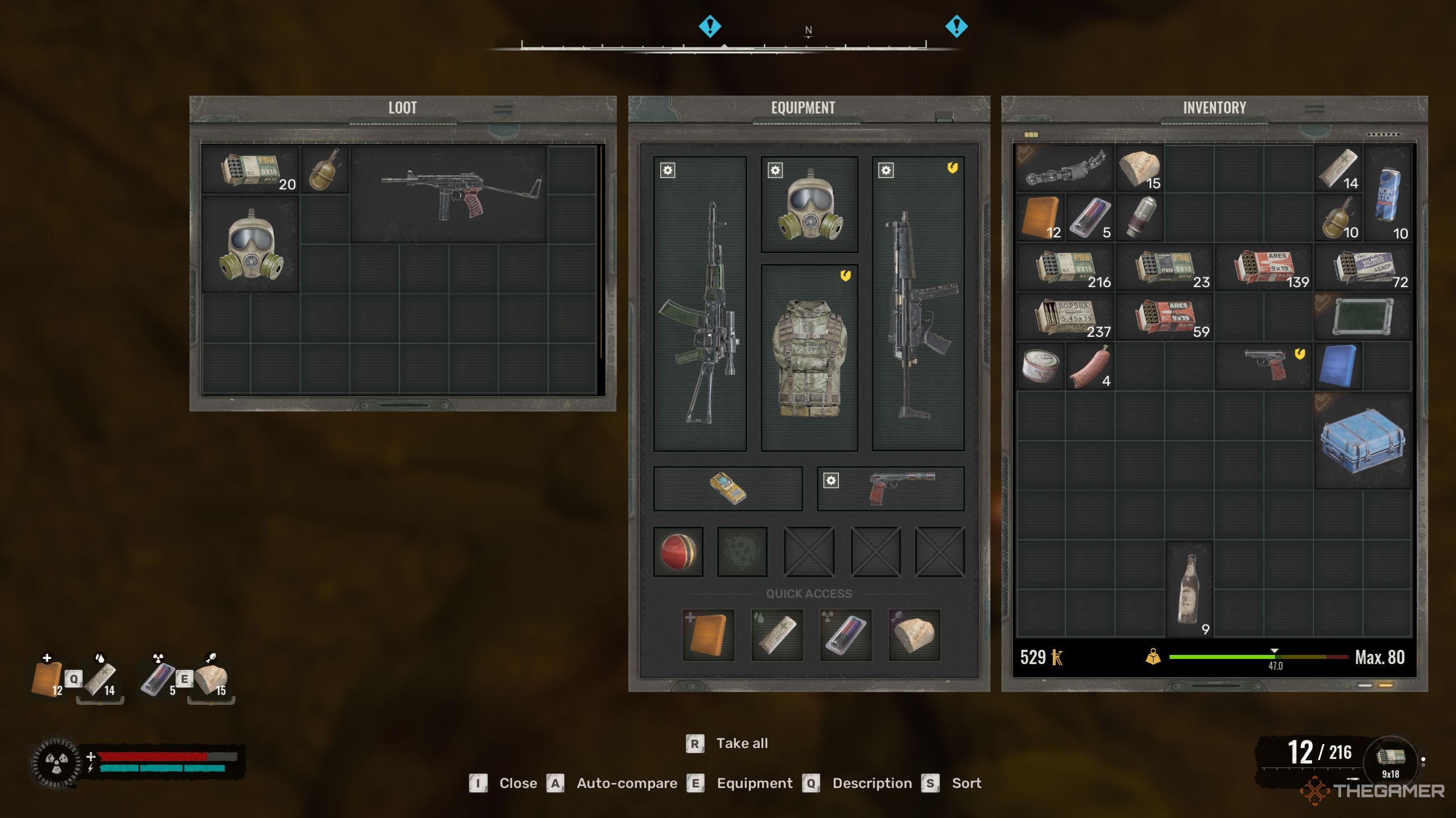 Stalker 2 Heart Of Chornobyl showing inventory with a lot of good stuff.