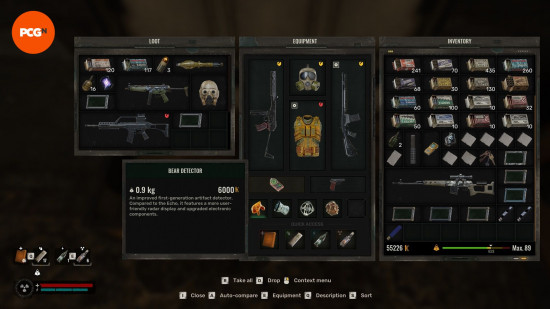 All Stalker 2 artifacts: an overview of an adventurer's inventory, including ammunition and several firearms.