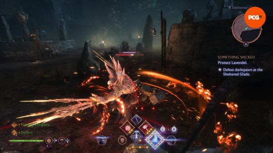 Dragon Age The Veilguard review: A spiky monster swiping a claw, surrounded by flames, from Dragon Age: The Veilguard.