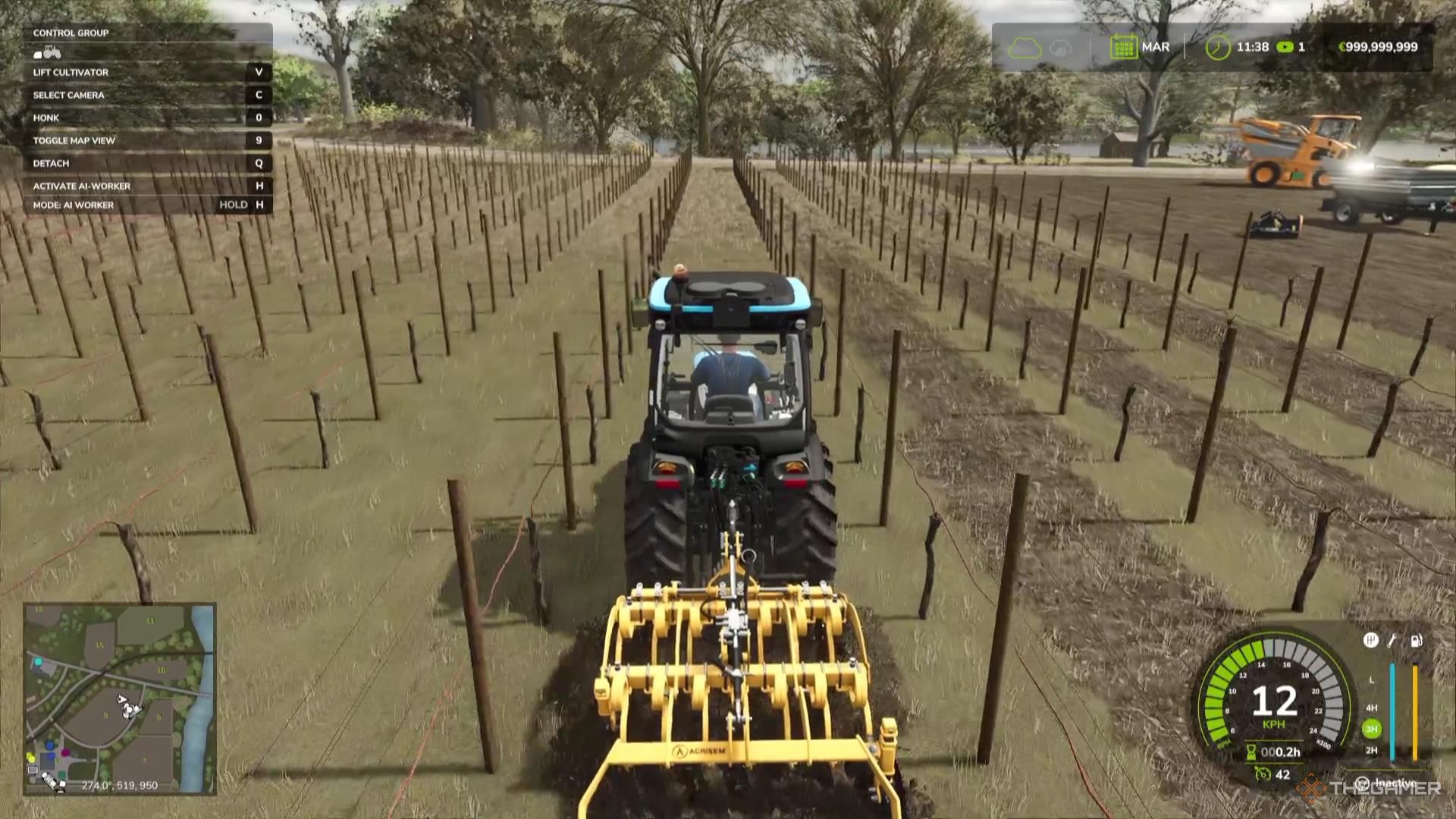 Cultivating between the rows of grapevines in Farming Simulator 25.