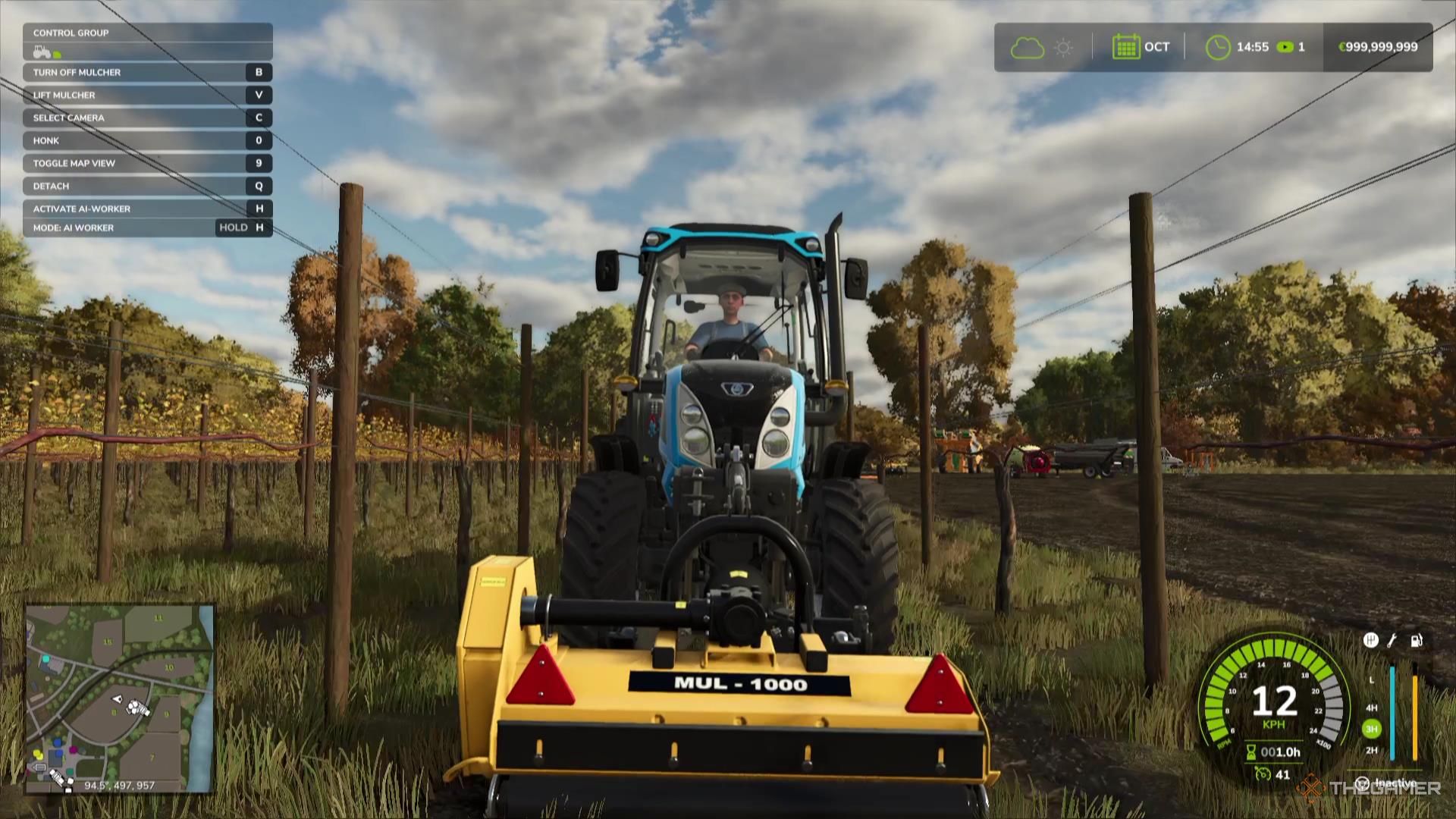 A tractor is mulching between the rows of grapevine in Farming Simulator 25.