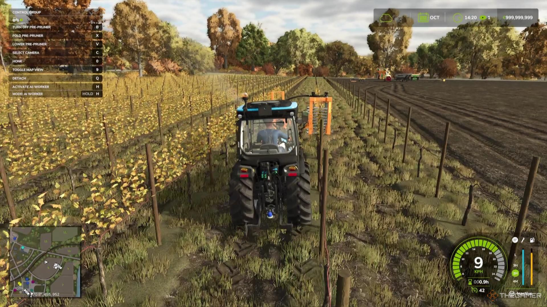 Pre-pruning a vineyard by removing the dead leaves in Farming Simulator 25.