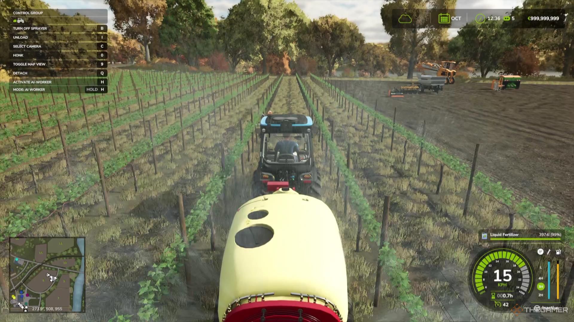 Fertilizing a vineyard with liquid fertilizer in Farming Simulator 25.