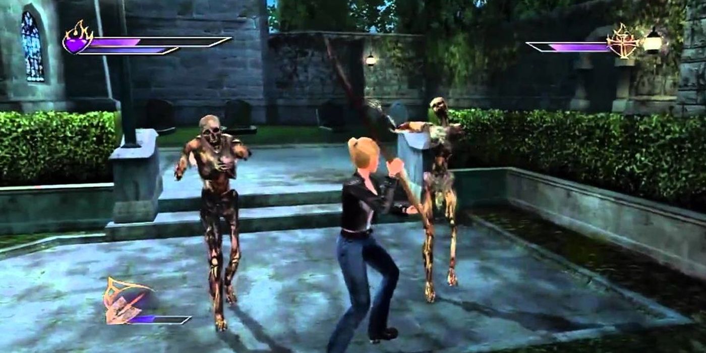 Buffy the Vampire Slayer battling undead enemies.