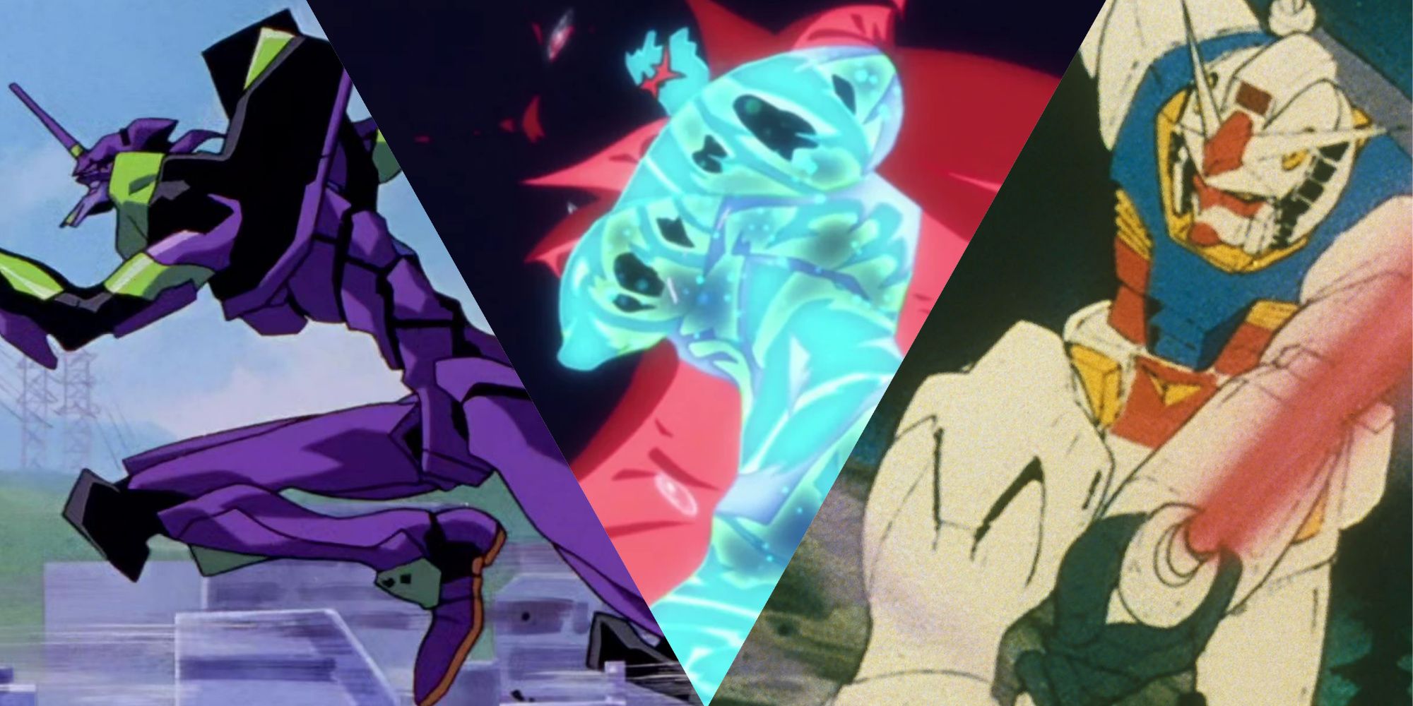 Left to right: EVA Unit 01 sprinting in a city, Super Tengen Toppa Gurren Lagann, looming over the universe, Gundam RX-78-2 swinging its red beam sword