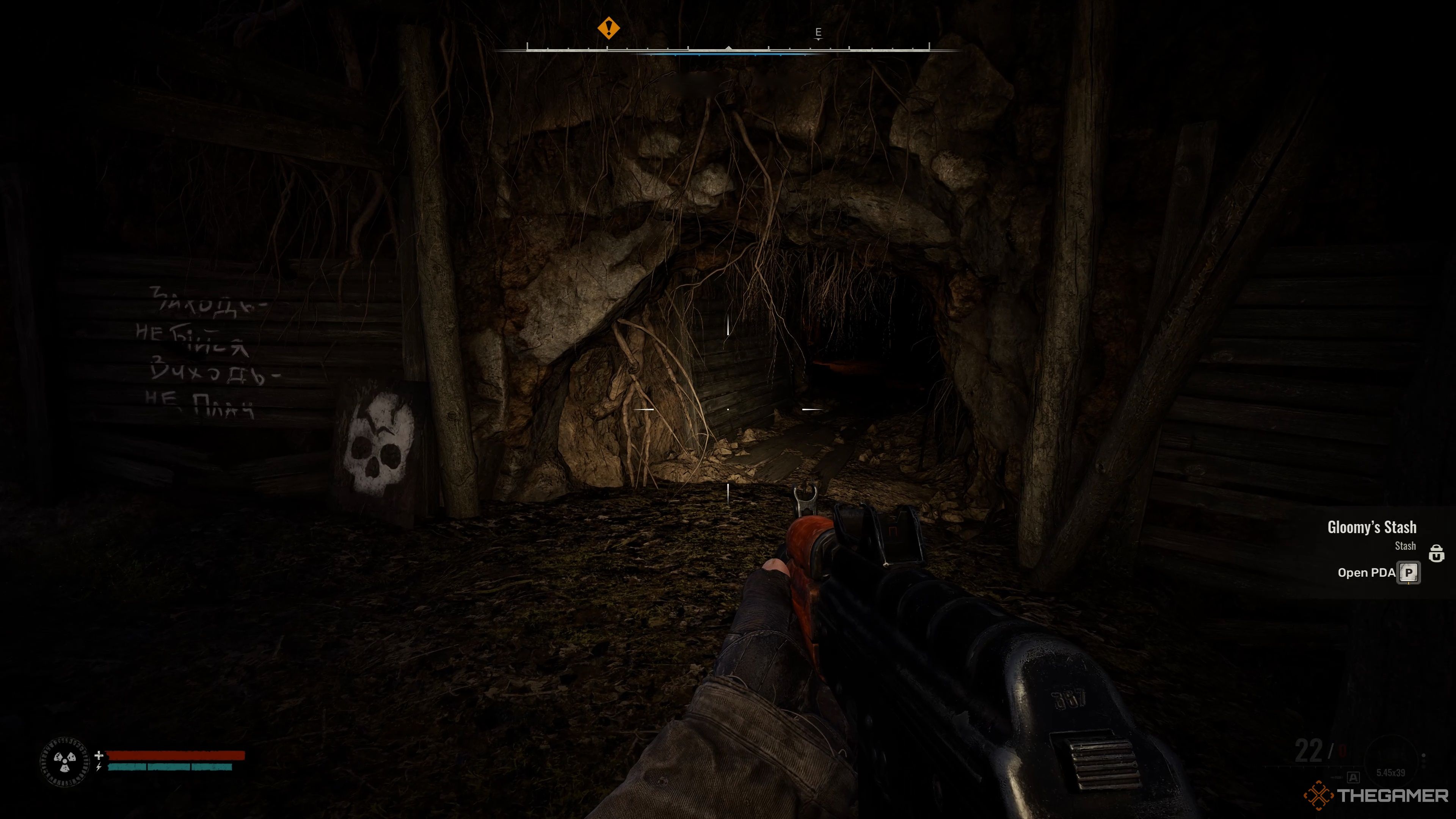 Entering the cave behind the warehouse to get Gloomy's Stash in Stalker 2: Heart of Chornobyl.