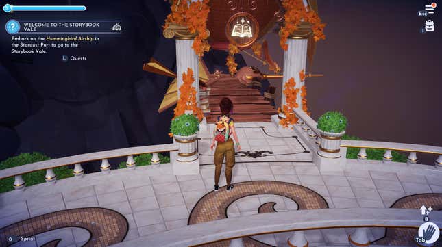 A player character boards an airship.