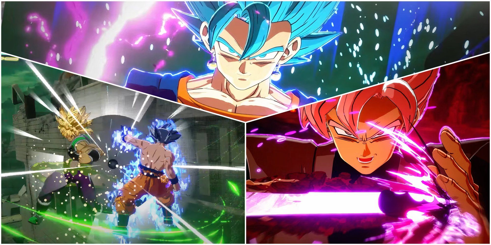 A collage image of Sparking Zero featuring Vegito, MUI Goku, and Goku Black 