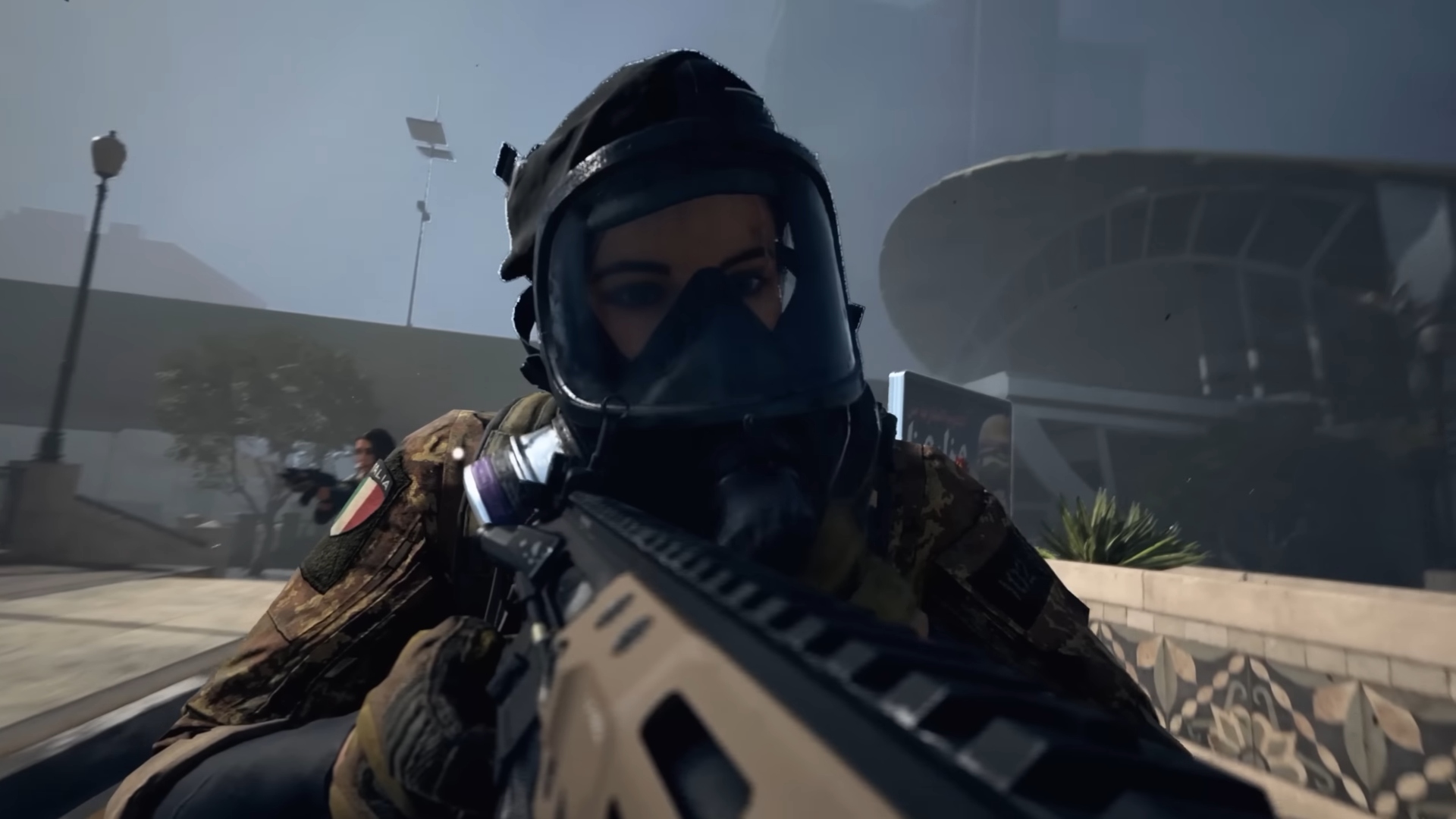 Warzone screenshot showing a masked soldier holding a gun and probably thinking about VPNs.