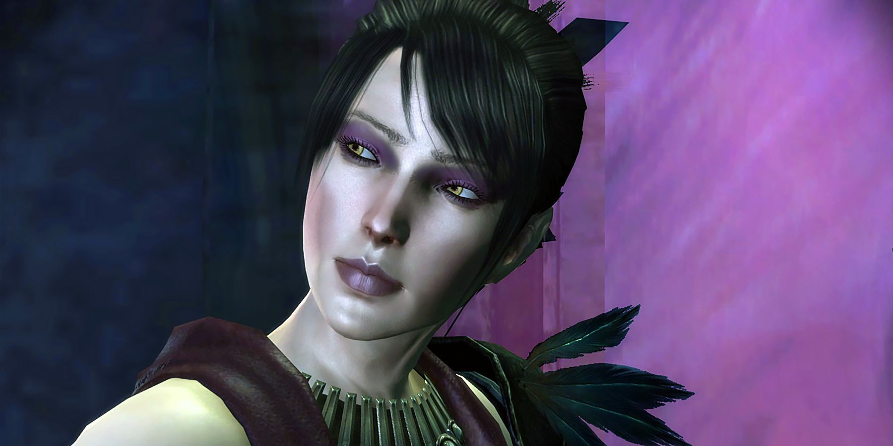 Morrigan standing in front of a purple background, her eyes focused on someone or something off-screen.