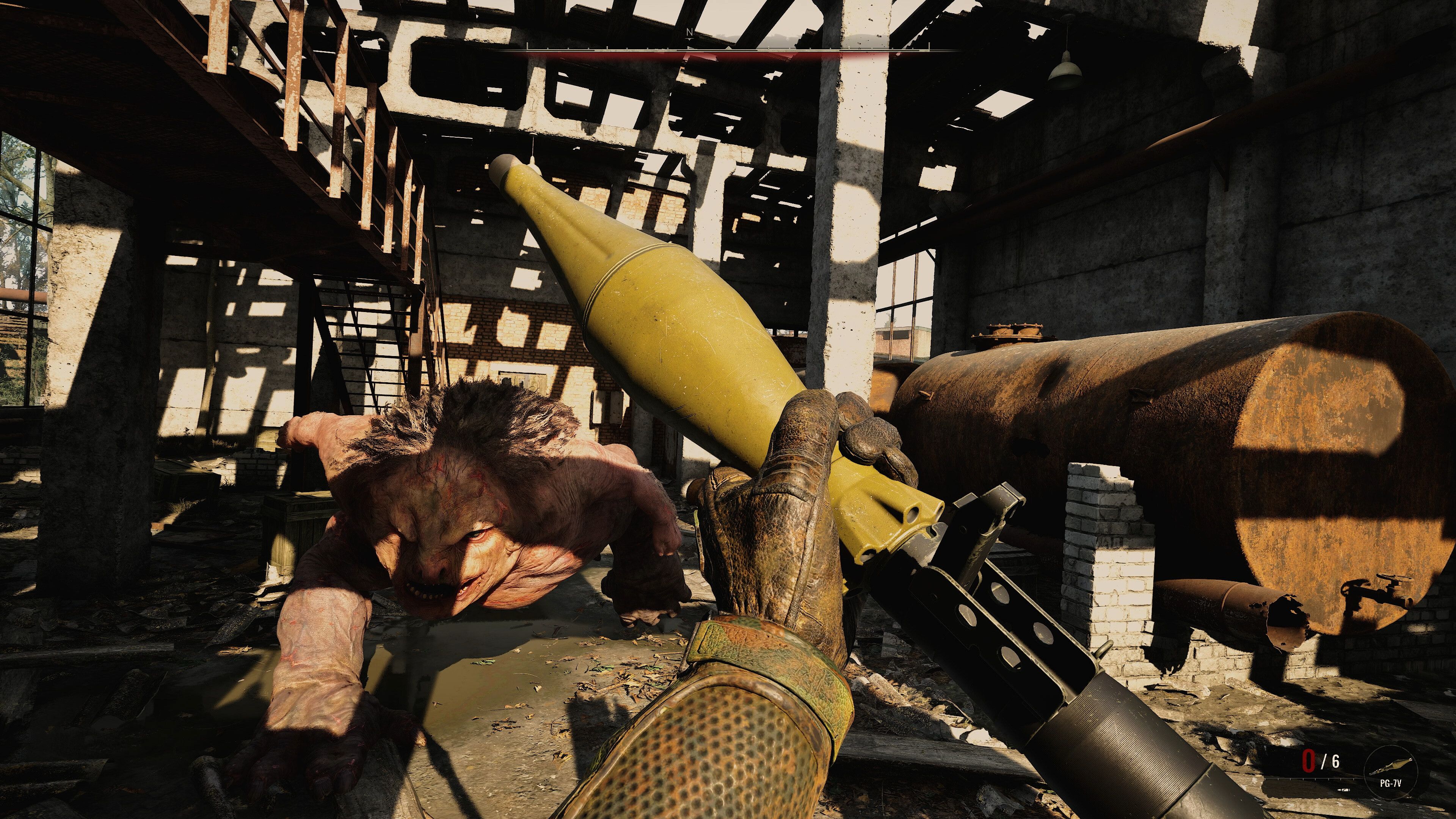 The player tries to defeat a radioactive monster with a rocket launcher in stalker 2. 