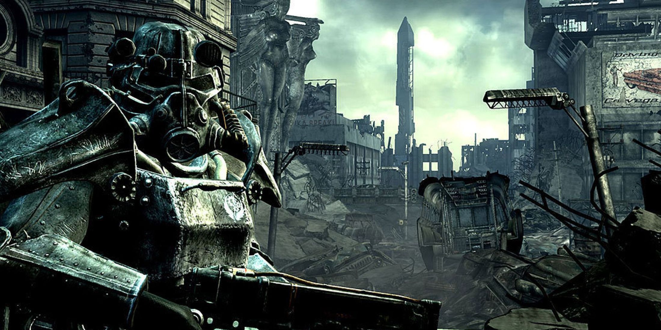 A view of a ruined city in an apocalyptic wasteland.