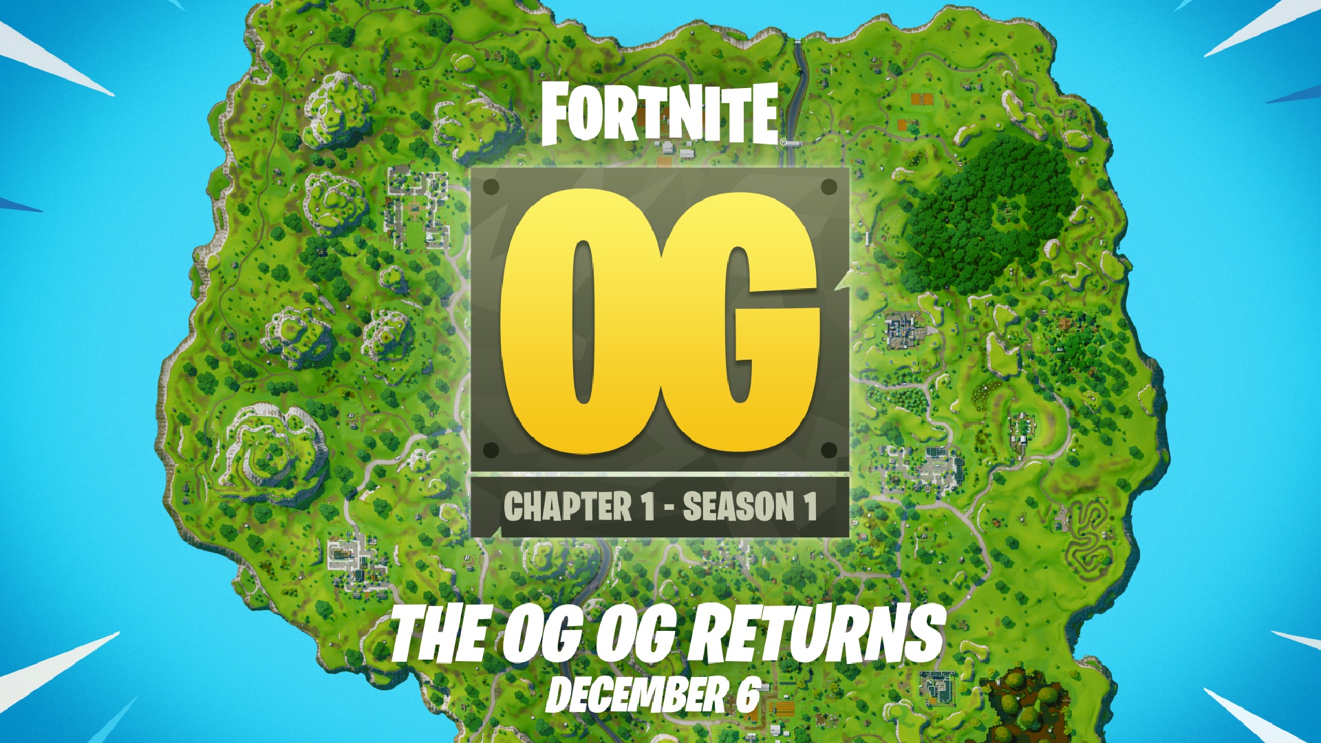 Fortnite OG: A graphic announcing the return of Fortnite OG on December 6 laid on top of the Chapter 1 map