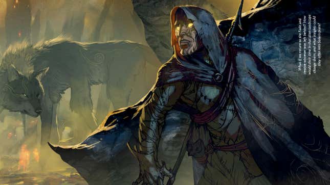 Concept art for Dragon Age: The Veilguard depicting a person with glowing yellow eyes being approached by a wolf.