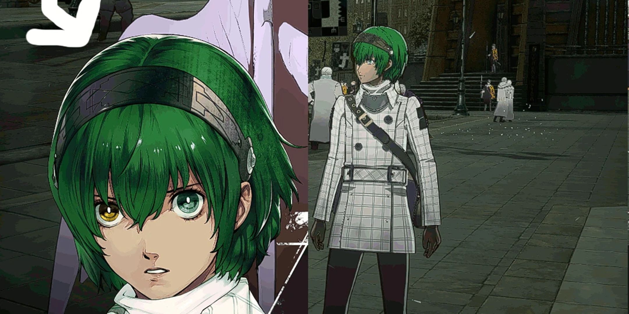 The protagonist of Metaphor with green hair in portrait and player model.