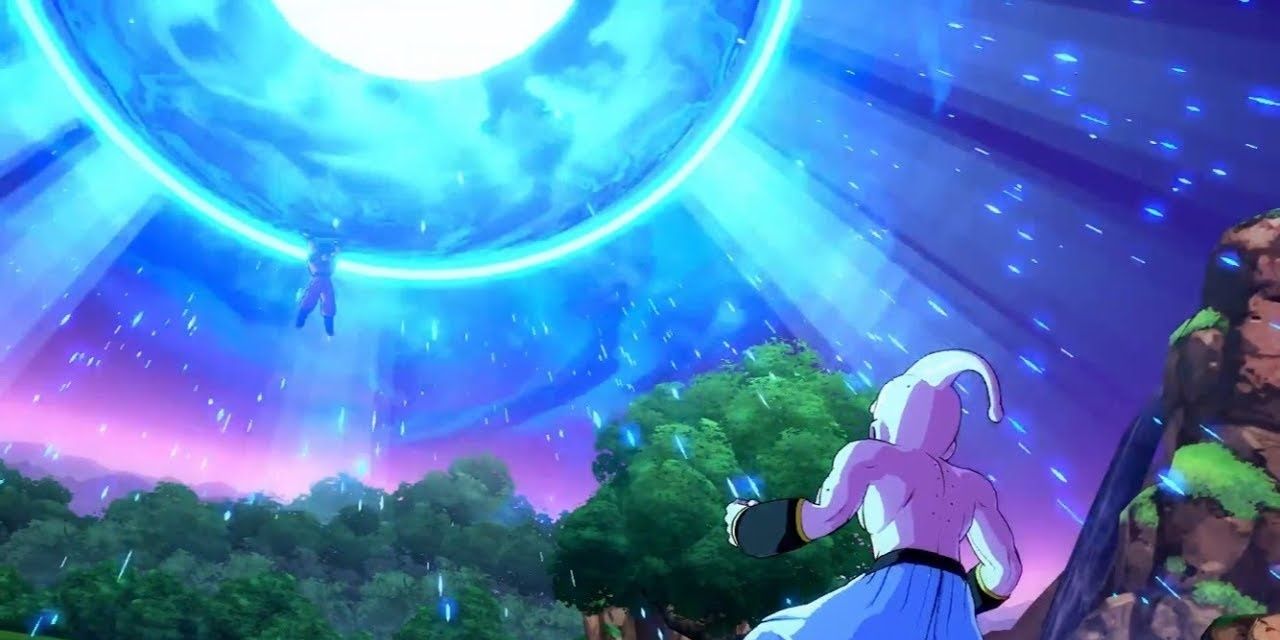 Dragon Ball Fighterz Goku with the spirit bomb vs Kid Buu.