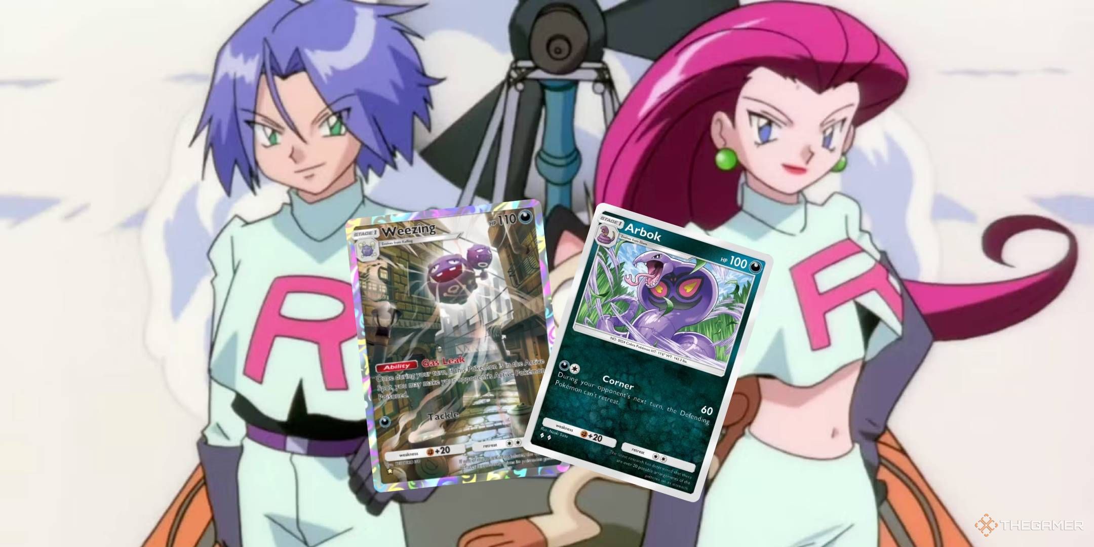 Jessie and James holding the Pokemon TCG Pocket Weezing and Arbok cards