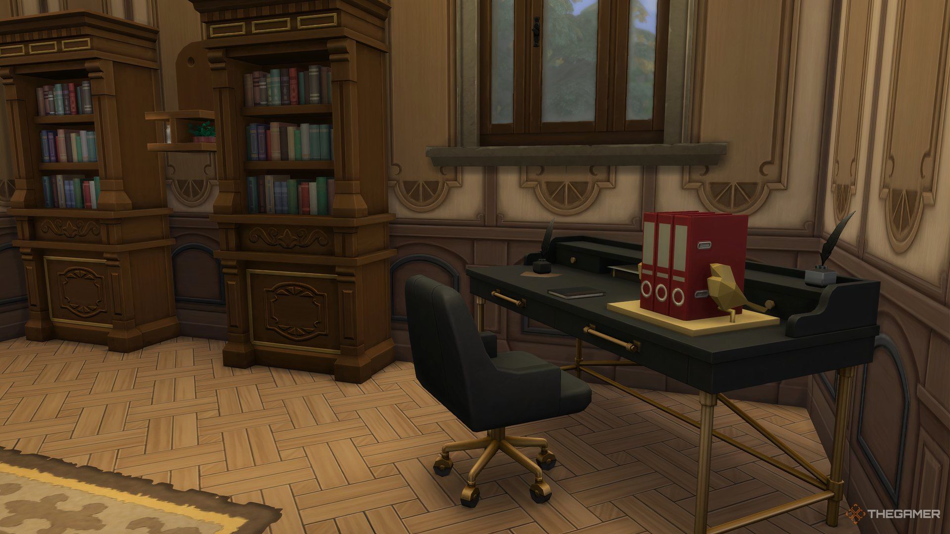 A writing desk in a library using furniture in The Sims 4 Life and Death.