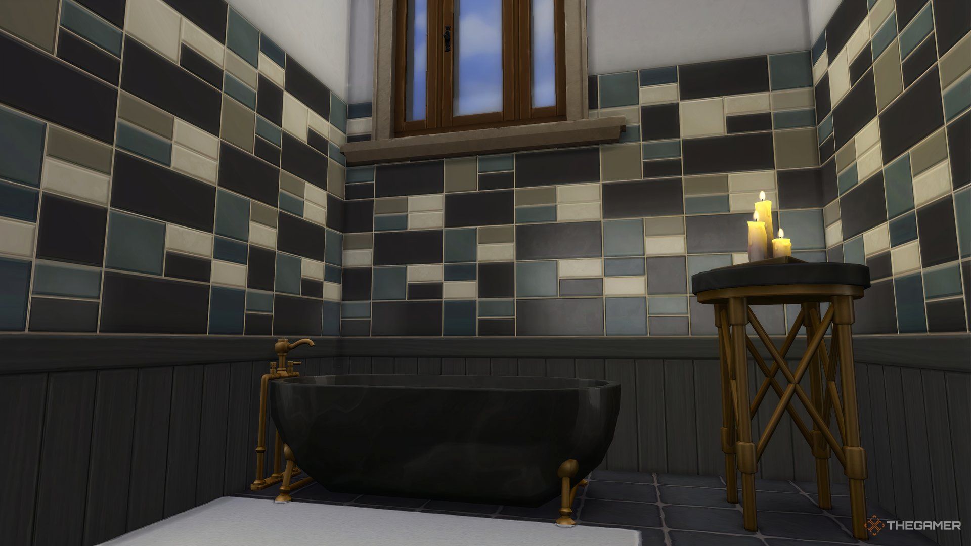 A clawfoot bathtub with candles on a display table near a window in The Sims 4 Life and Death.