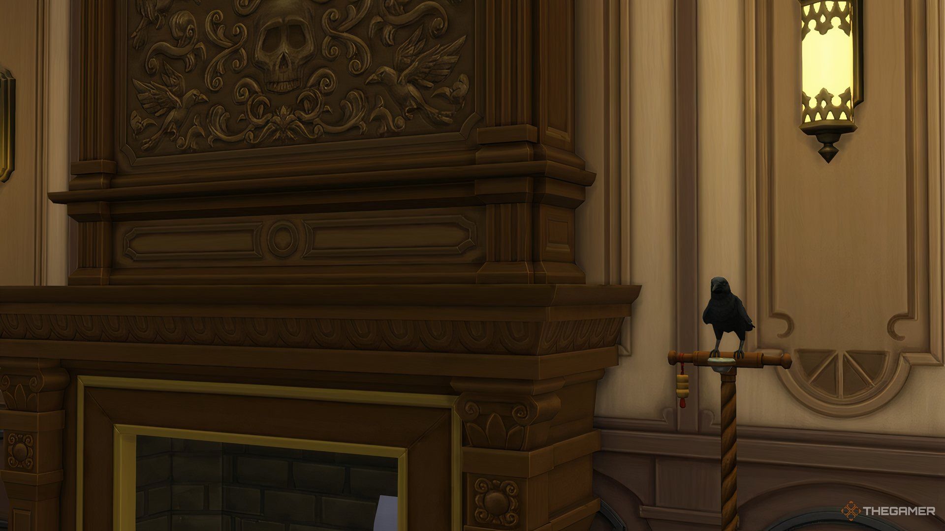 A Grim Ascendant Crow near a fireplace in The Sims 4 Life and Death.