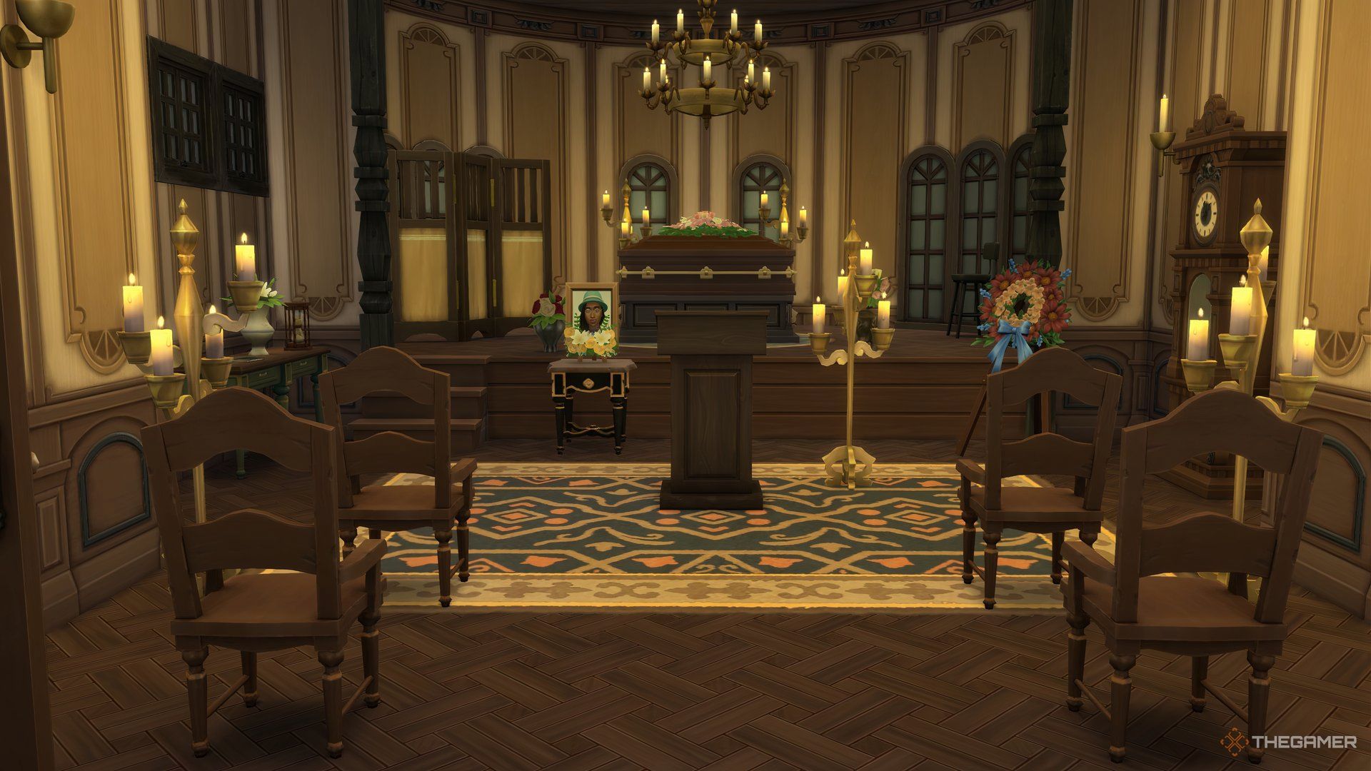 Items laid out for a funeral at the cemetery in The Sims 4 Life and Death.-1