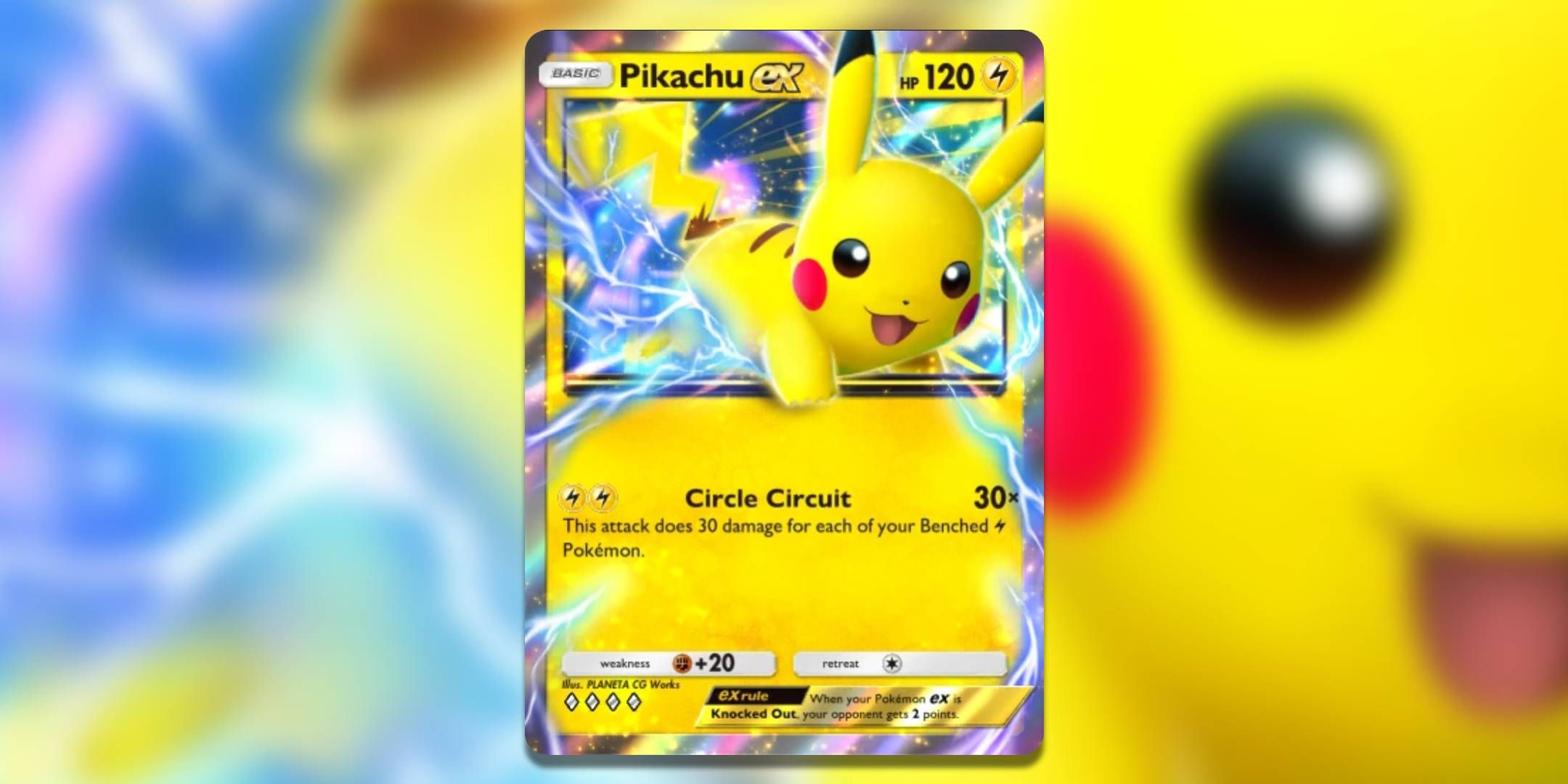 The Pokemon TCG Pocket card Pikachu EX by PLANETA CG Works.