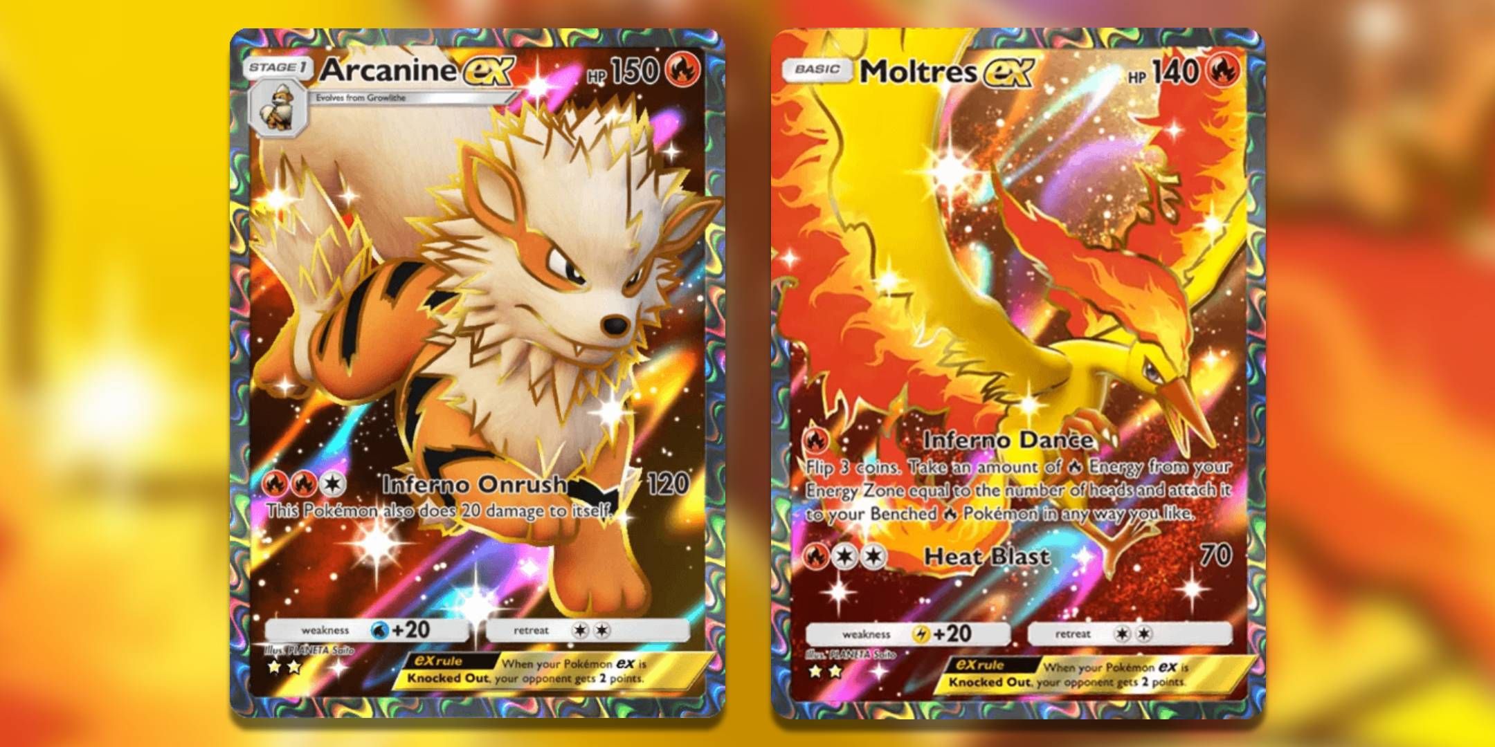 Arcanine ex and Moltres ex illustration rares, from Genetic Apex.