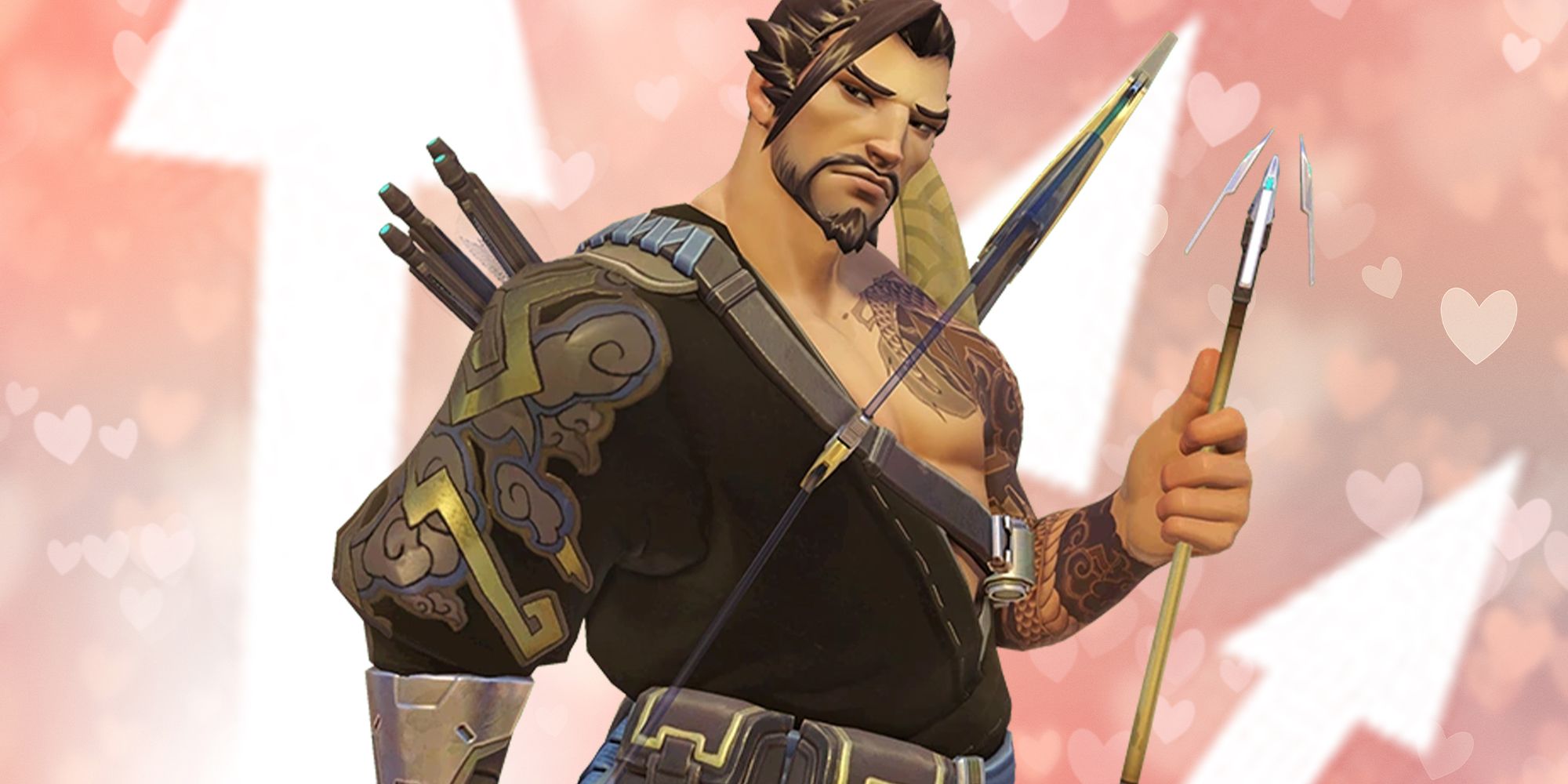 Hanzo standing in front of Scatter Arrow ability icon with hearts overlayed