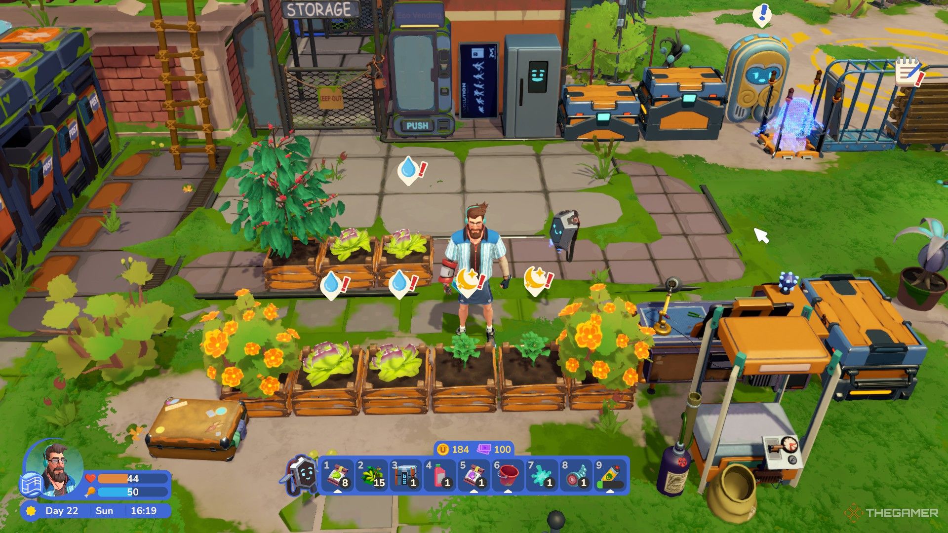 The player is standing next to the garden beds in I Am Future.