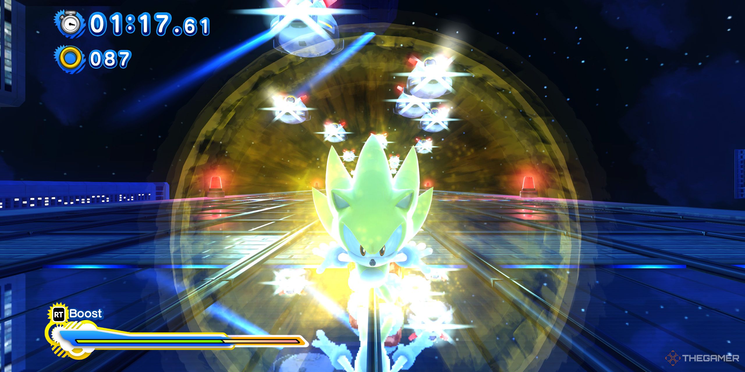 Super Sonic running away from the police in Sonic X Shadow Generations.