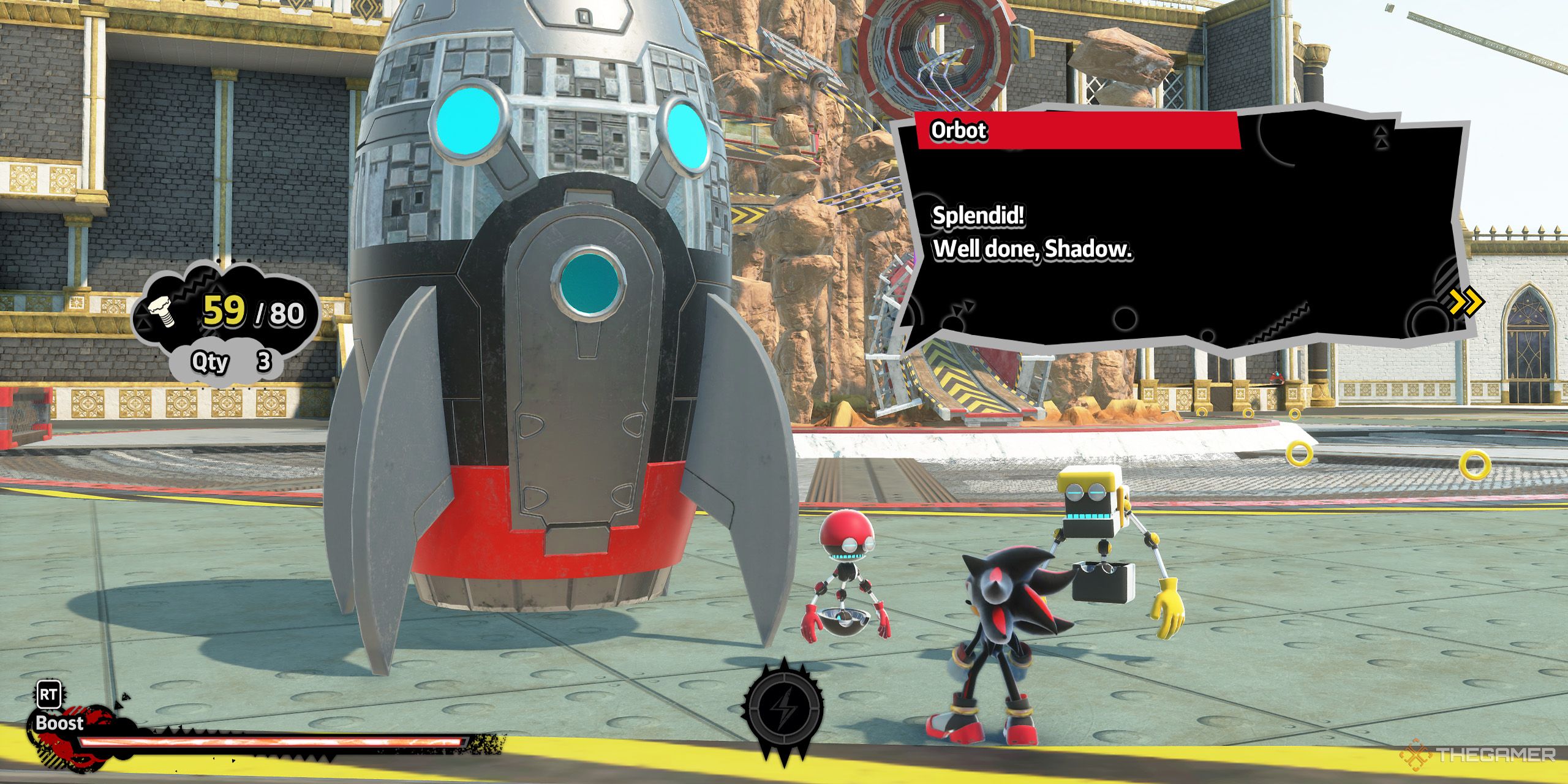 Shadow talking to Orbot and Cubot about their rocket ship from Sonic X Shadow Generations.